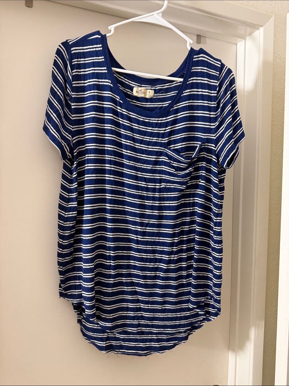 Hollister Navy & White Striped Scoop Neck Pocket Tee